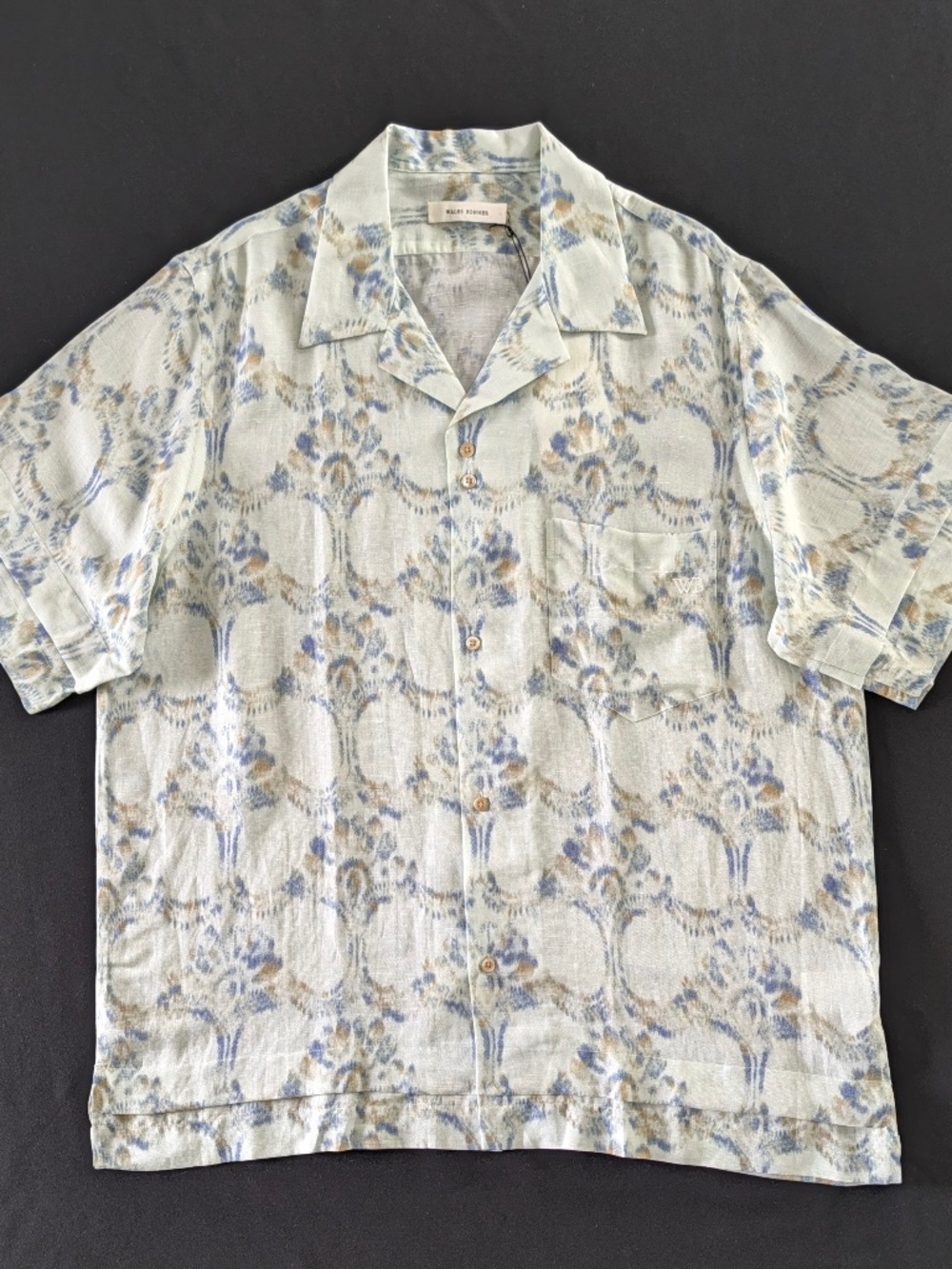 Wales Bonner Lotus Bowling Shirt 52 Pale Teal Olive Linen Camp Collar NWT Sz XL